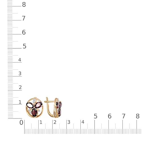 Серьги из жёлтого золота с 6 гранатами и 10 фианитами
