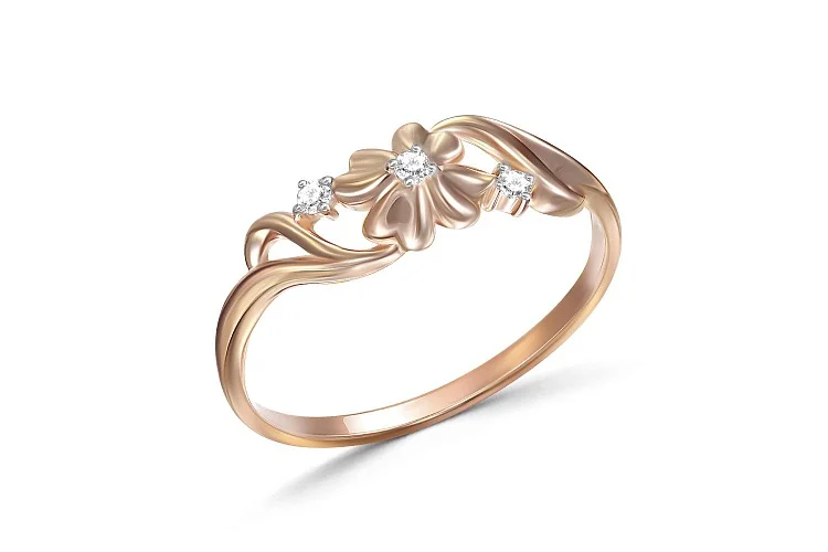 Кольцо Цветок из красного золота с 3 фианитами