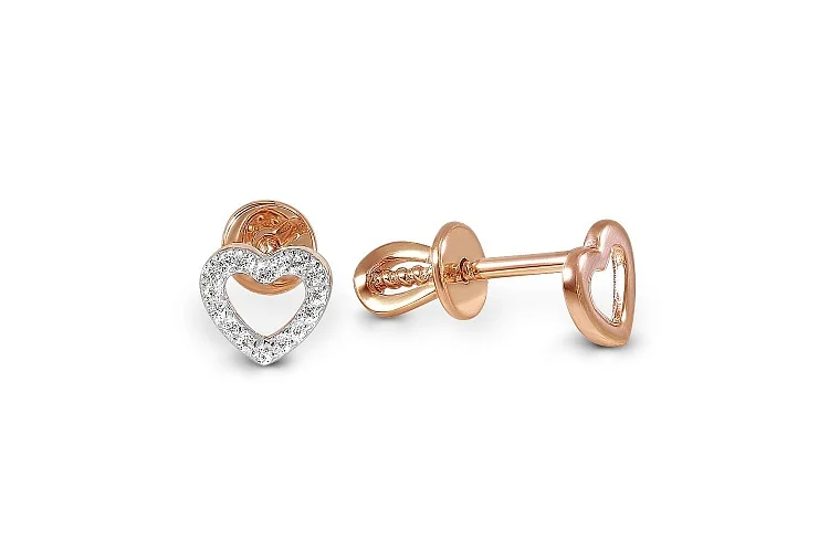 Серьги-пусеты Сердца из красного золота с 16 фианитами