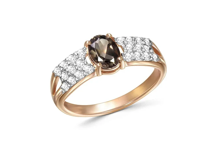 Кольцо из красного золота с раухтопазом и 22 фианитами