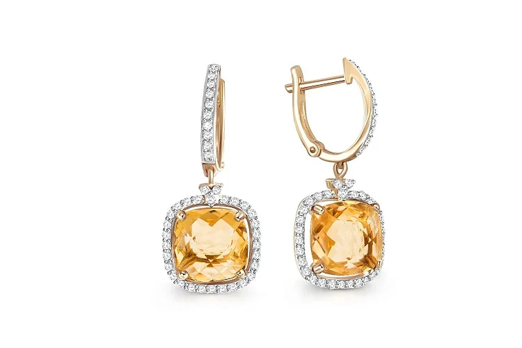 Серьги из жёлтого золота с 2 цитринами и 80 фианитами