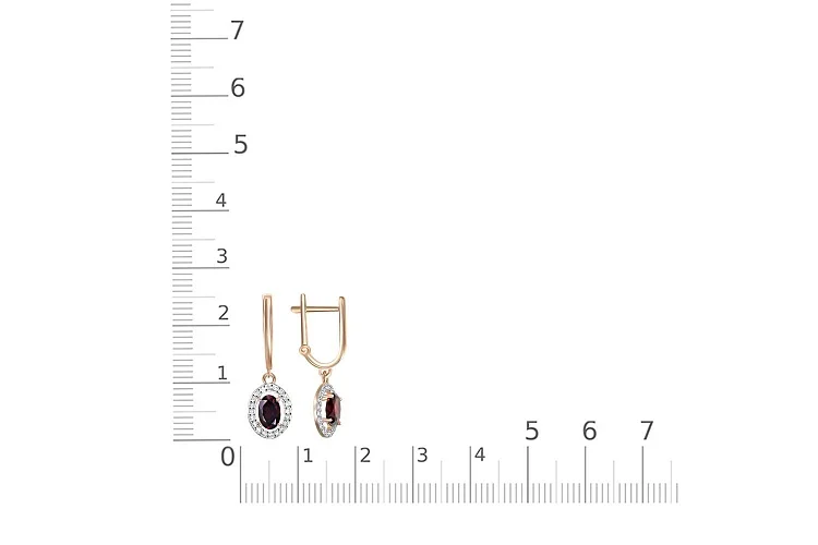 Серьги из красного золота с 2 гранатами и 40 фианитами