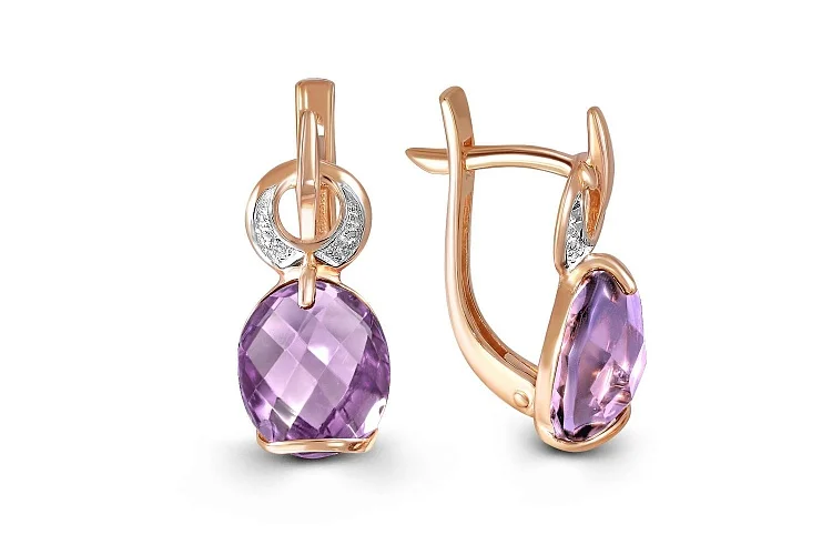 Серьги из красного золота с 2 аметистами и 4 фианитами