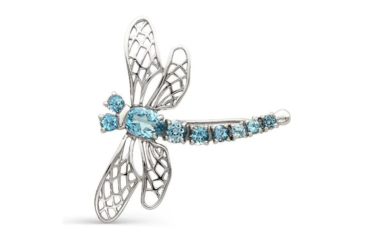 Брошь Стрекоза из белого золота с 9 топазами sky