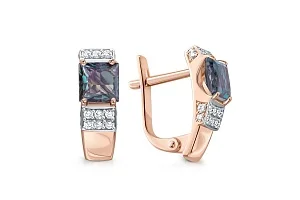 Серьги из красного золота с 2 александритами и 30 фианитами