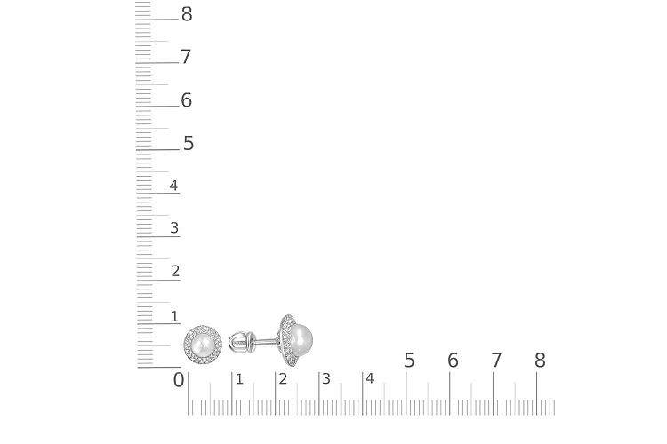 Серьги-пусеты из белого золота с 2 жемчужинами и 88 фианитами