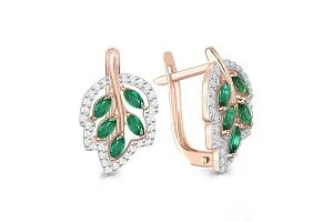 Серьги Веточки из красного золота с 10 изумрудами и 60 фианитами