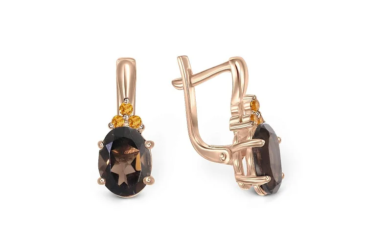 Серьги из красного золота с 2 раухтопазами и 6 фианитами