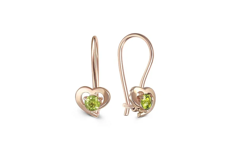 Детские серьги Сердца из красного золота с 2 хризолитами