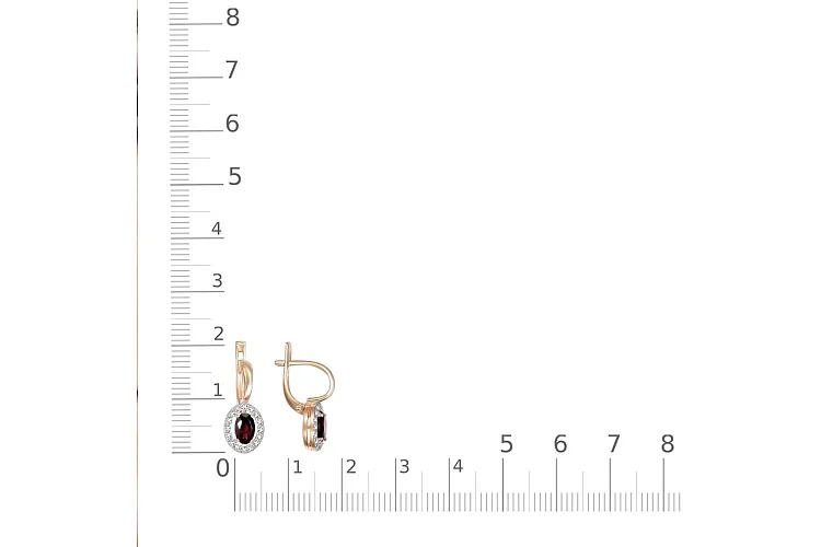 Серьги из красного золота с 2 гранатами и 32 фианитами