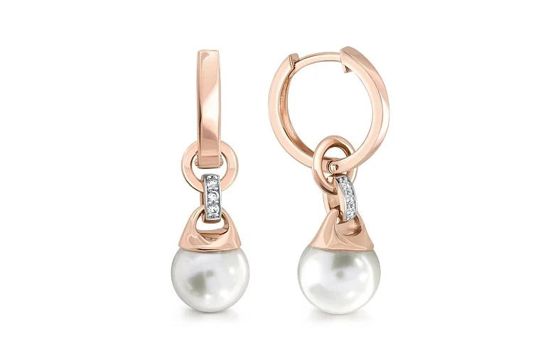 Серьги-трансформеры из красного золота с 2 жемчужинами и 6 фианитами