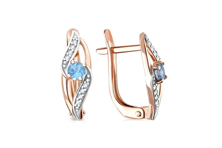 Серьги из красного золота с 2 топазами swiss и 16 фианитами