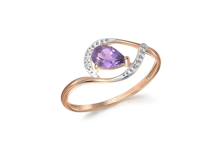 Кольцо из красного золота с аметистом и 7 фианитами
