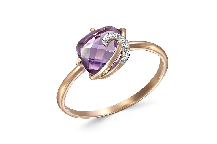 Кольцо из красного золота с аметистом и 5 фианитами