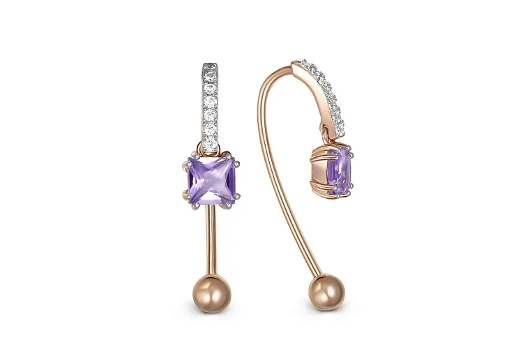 Серьги из красного золота с 2 аметистами и 14 фианитами
