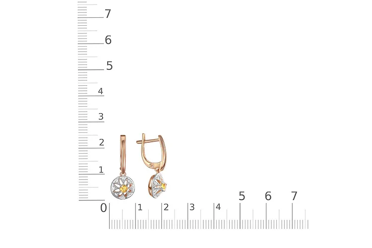 Серьги Цветы из красного золота с 2 цитринами и 16 фианитами