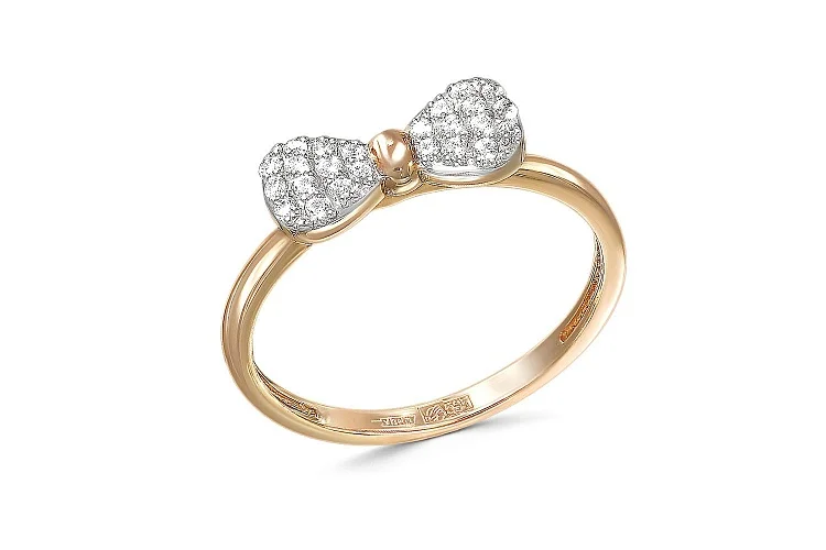 Кольцо Бантик из красного золота с 24 фианитами