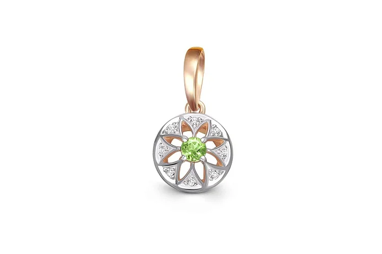 Подвеска Цветок из красного золота с хризолитом и 8 фианитами