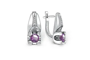 Серьги из белого золота с 2 аметистами и 8 фианитами