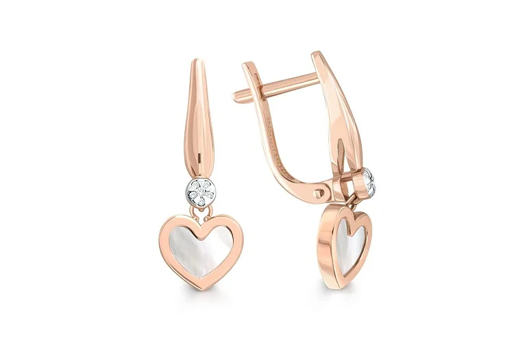 Серьги Сердца из красного золота с перламутром и 12 фианитами