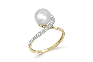 Кольцо из жёлтого золота с жемчугом и 21 фианитами