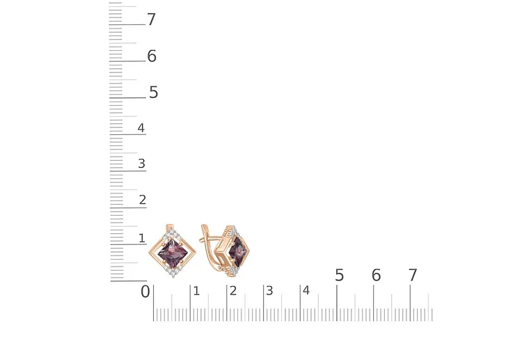 Серьги Квадраты из красного золота с 2 александритами и 20 фианитами