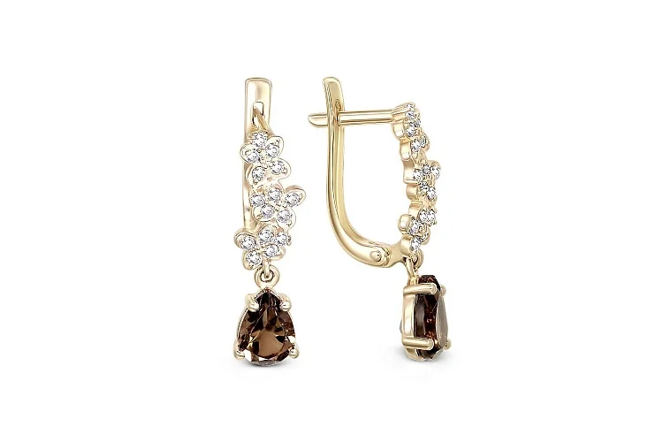 Серьги из жёлтого золота с 2 раухтопазами и 30 фианитами