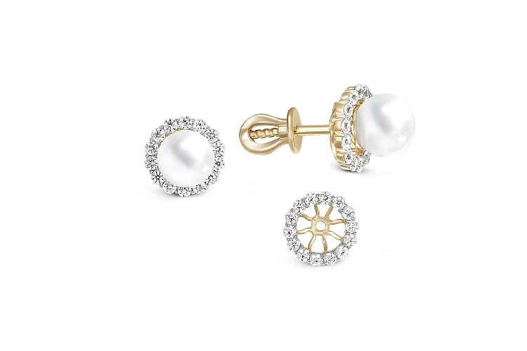Серьги-пусеты из жёлтого золота с 2 жемчужинами и 28 фианитами