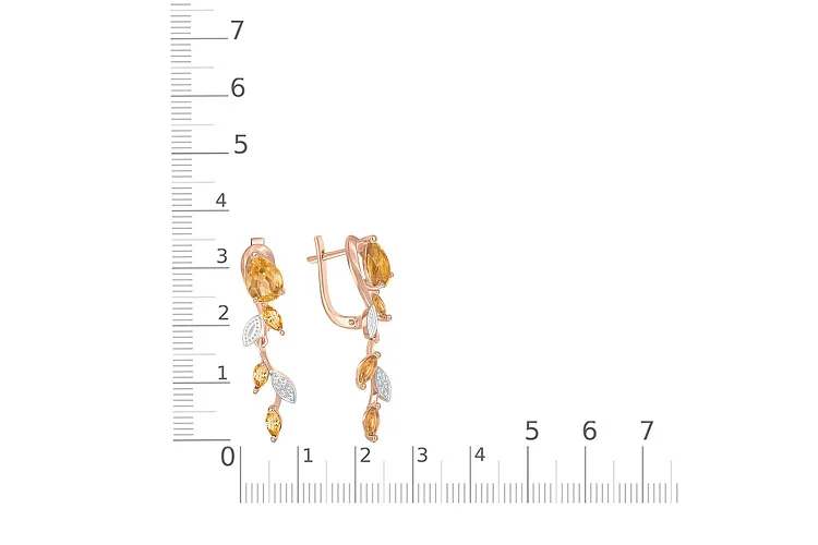 Серьги Веточки из красного золота с 2 цитринами и 18 фианитами