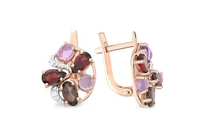 Серьги Цветы из красного золота с гранатами, раухтопазами и фианитами