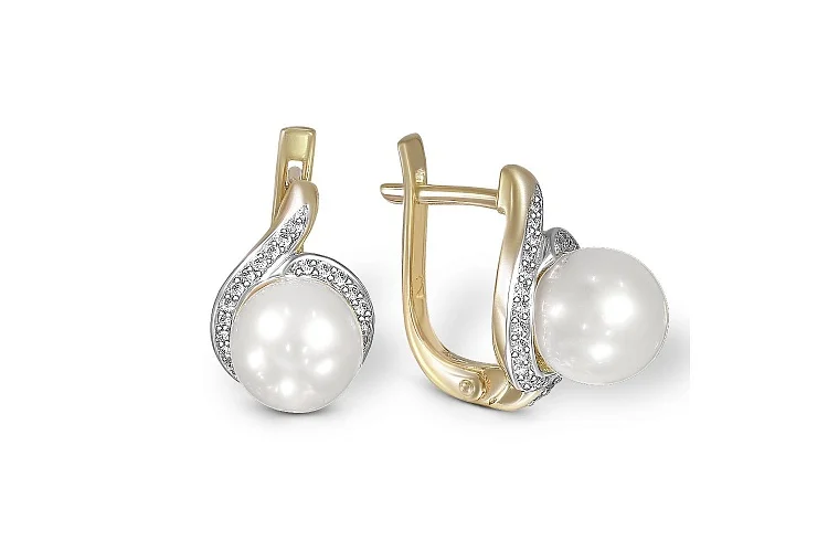 Серьги из жёлтого золота с 2 жемчужинами и 54 бриллиантами