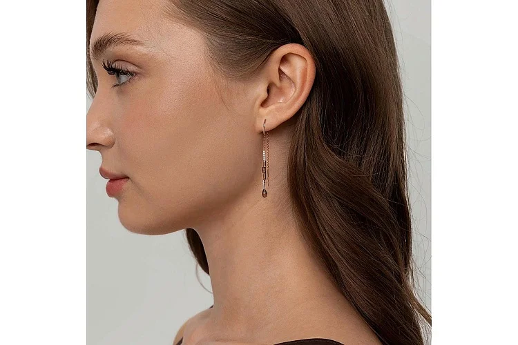 Серьги-продёвки из красного золота с 4 раухтопазами и 20 фианитами