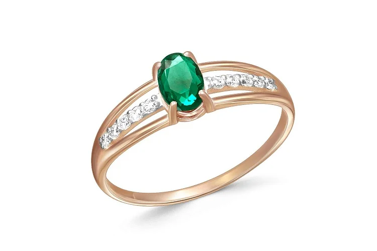 Кольцо из красного золота с изумрудом и 10 бриллиантами