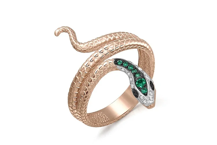 Кольцо Змея из красного золота с 7 изумрудами и 16 бриллиантами