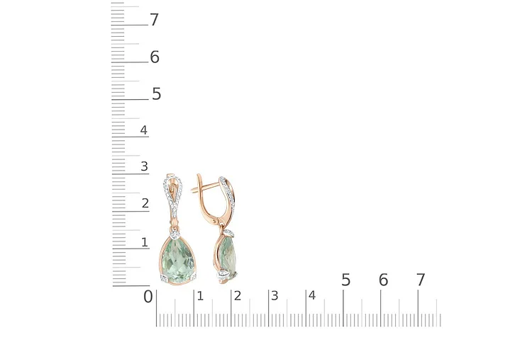 Серьги из красного золота с 2 празиолитами и 64 фианитами