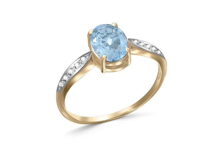 Кольцо из жёлтого золота с топазом sky и 10 фианитами