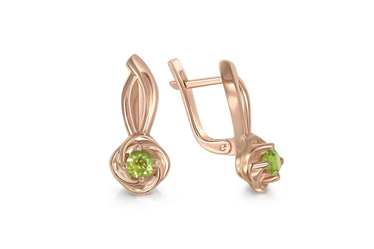 Серьги Цветы из красного золота с 2 хризолитами