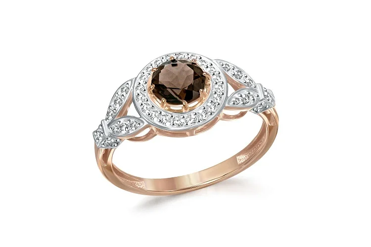 Кольцо из красного золота с раухтопазом и 38 фианитами