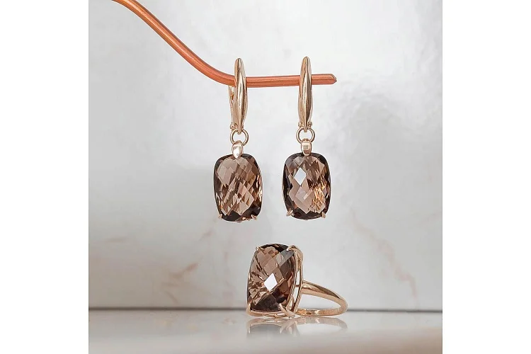 Серьги из жёлтого золота с 2 раухтопазами