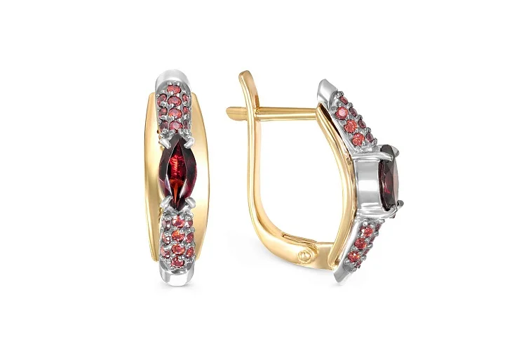 Серьги из жёлтого золота с 2 гранатами и 40 фианитами