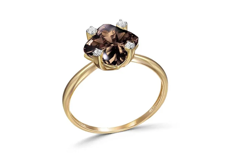 Кольцо из жёлтого золота с раухтопазом и 4 фианитами