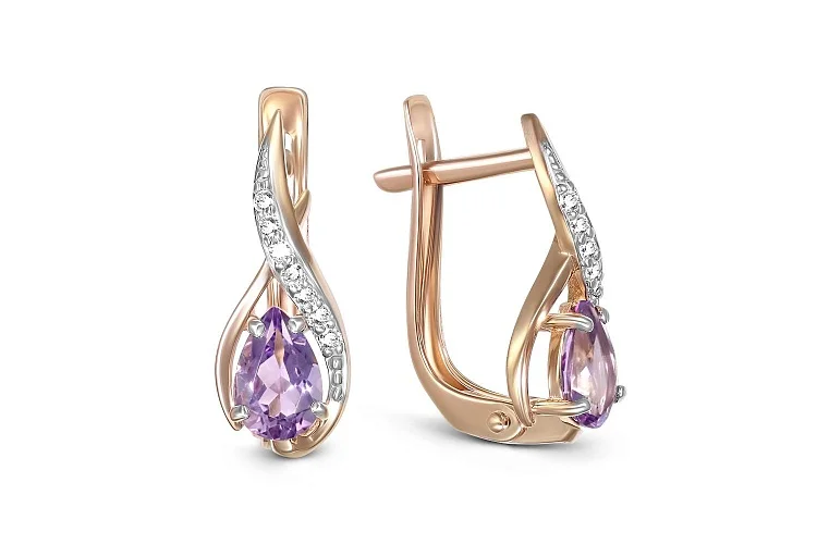 Серьги из красного золота с 2 аметистами и 14 фианитами