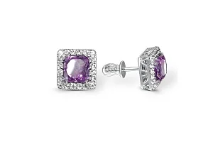 Серьги-пусеты из белого золота с 2 аметистами и 40 фианитами