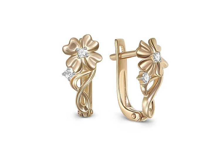 Серьги Цветы из жёлтого золота с 4 фианитами