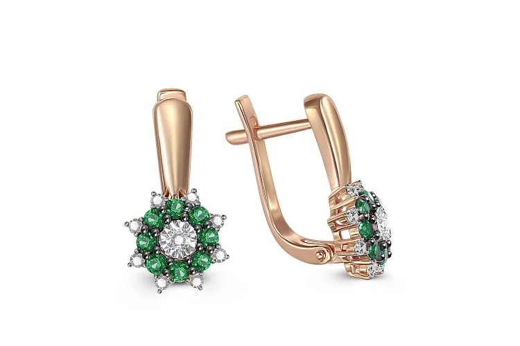 Серьги из красного золота с 16 изумрудами и 18 бриллиантами