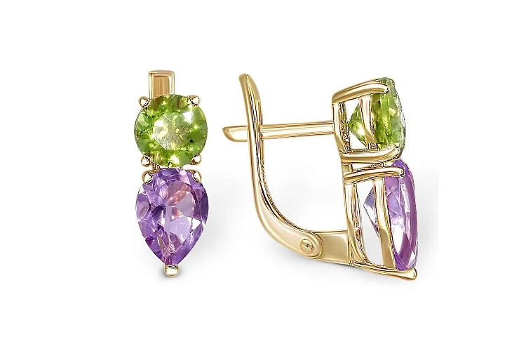 Серьги из жёлтого золота с 2 аметистами и 2 хризолитами