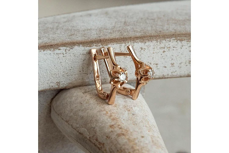 Серьги Цветы из красного золота с 2 бриллиантами