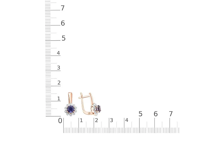 Серьги Цветы из красного золота с 2 иолитами и 20 фианитами