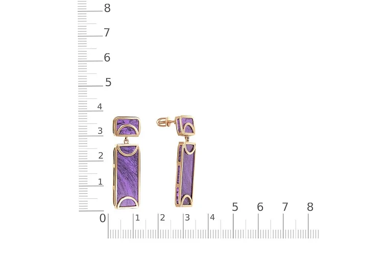 Серьги-пусеты Прямоугольники из красного золота с 4 чароитами