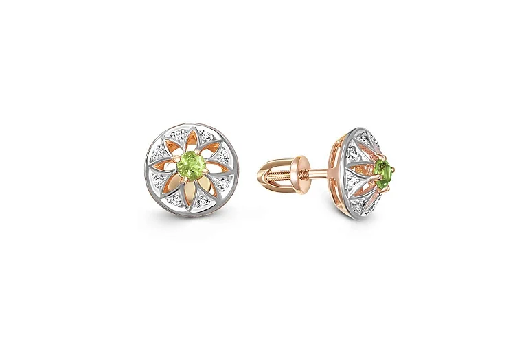 Серьги-пусеты Цветы из красного золота с 2 хризолитами и 16 фианитами